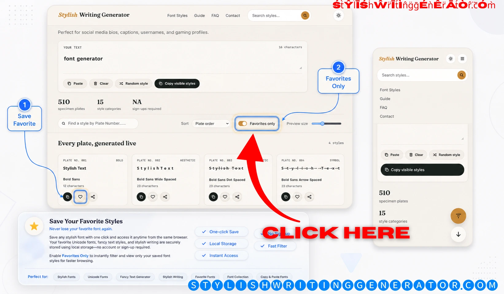 Save and view favorite font styles in Stylish Writing Generator